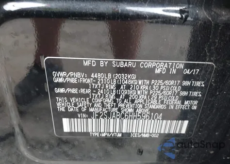 2017 Subaru Forester 2.5I z USA, uszkodzony, nr VIN JF2SJABC6HH596104